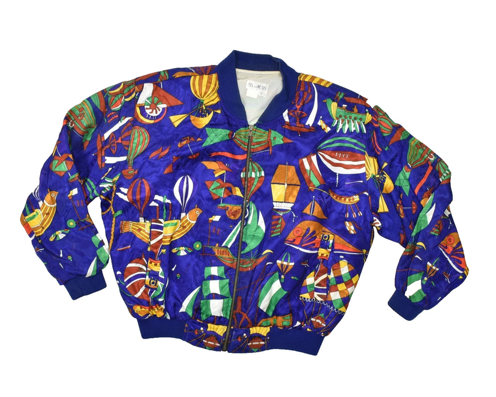 Vintage D.M.D. Bomber Jacket Royal Blue Hot Air Balloon Print Size XL Pockets